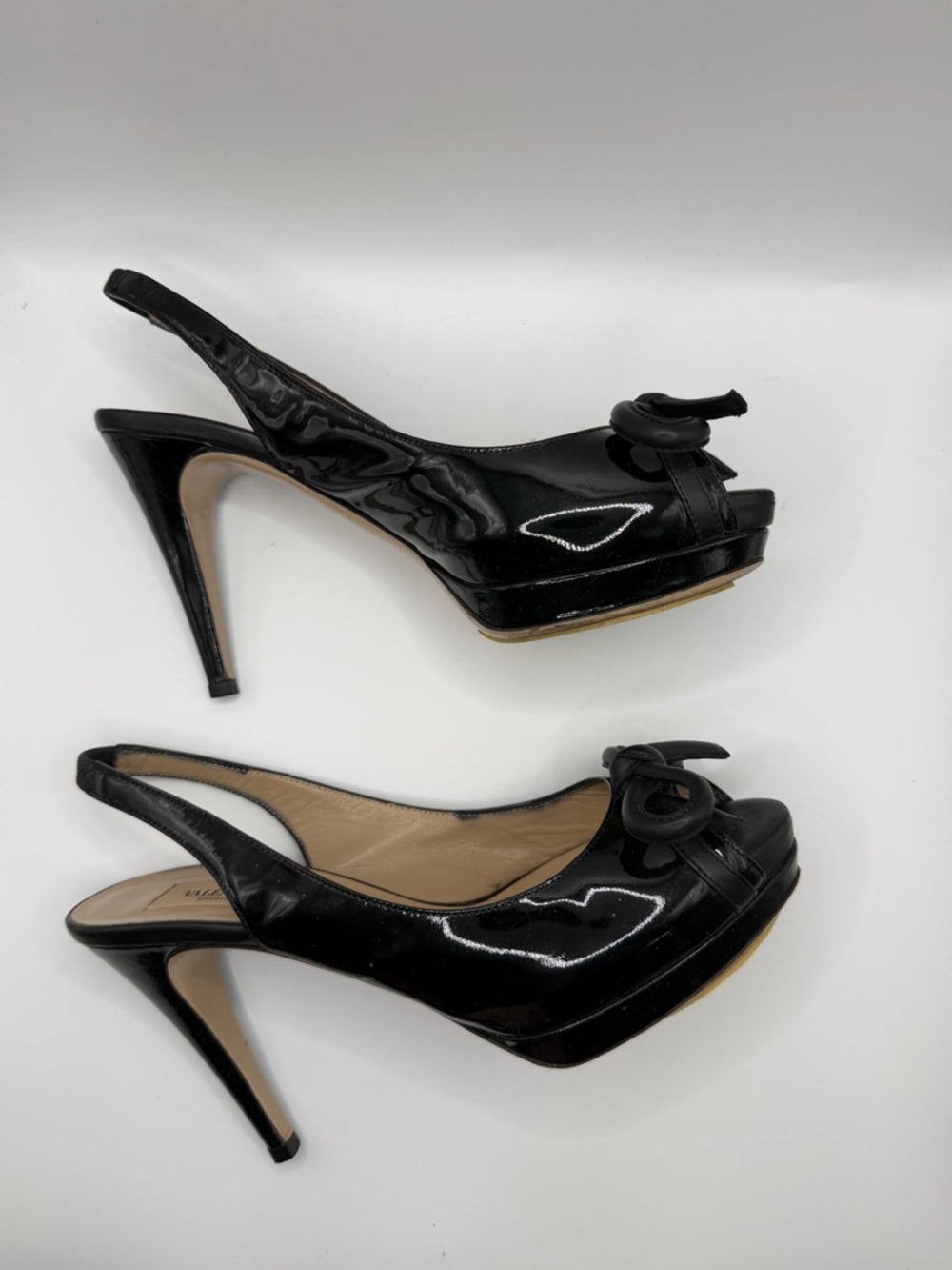 Valentino Garavani | Black Patent Leather Slingback Heels Bow Peep Toe |  36 - Picture 4 of 16